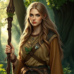 A realistic portrayal of a Russian human woman character, playing the role of a druid in a Dungeons & Dragons setting