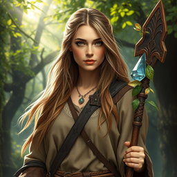 A realistic portrayal of a Russian human woman character, playing the role of a druid in a Dungeons & Dragons setting