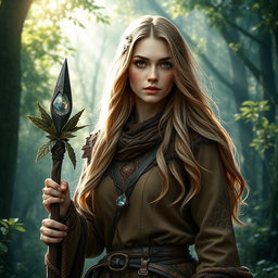 A realistic portrayal of a Russian human woman character, playing the role of a druid in a Dungeons & Dragons setting