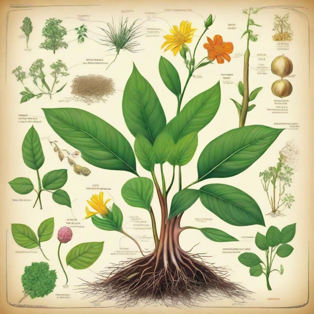 An illustrative diagram showcasing various parts of a plant, including the roots, stem, leaves, flowers, and seeds in a colorful, detailed manner.