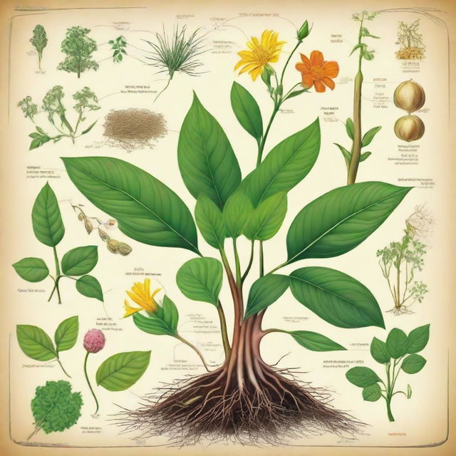 An illustrative diagram showcasing various parts of a plant, including the roots, stem, leaves, flowers, and seeds in a colorful, detailed manner.