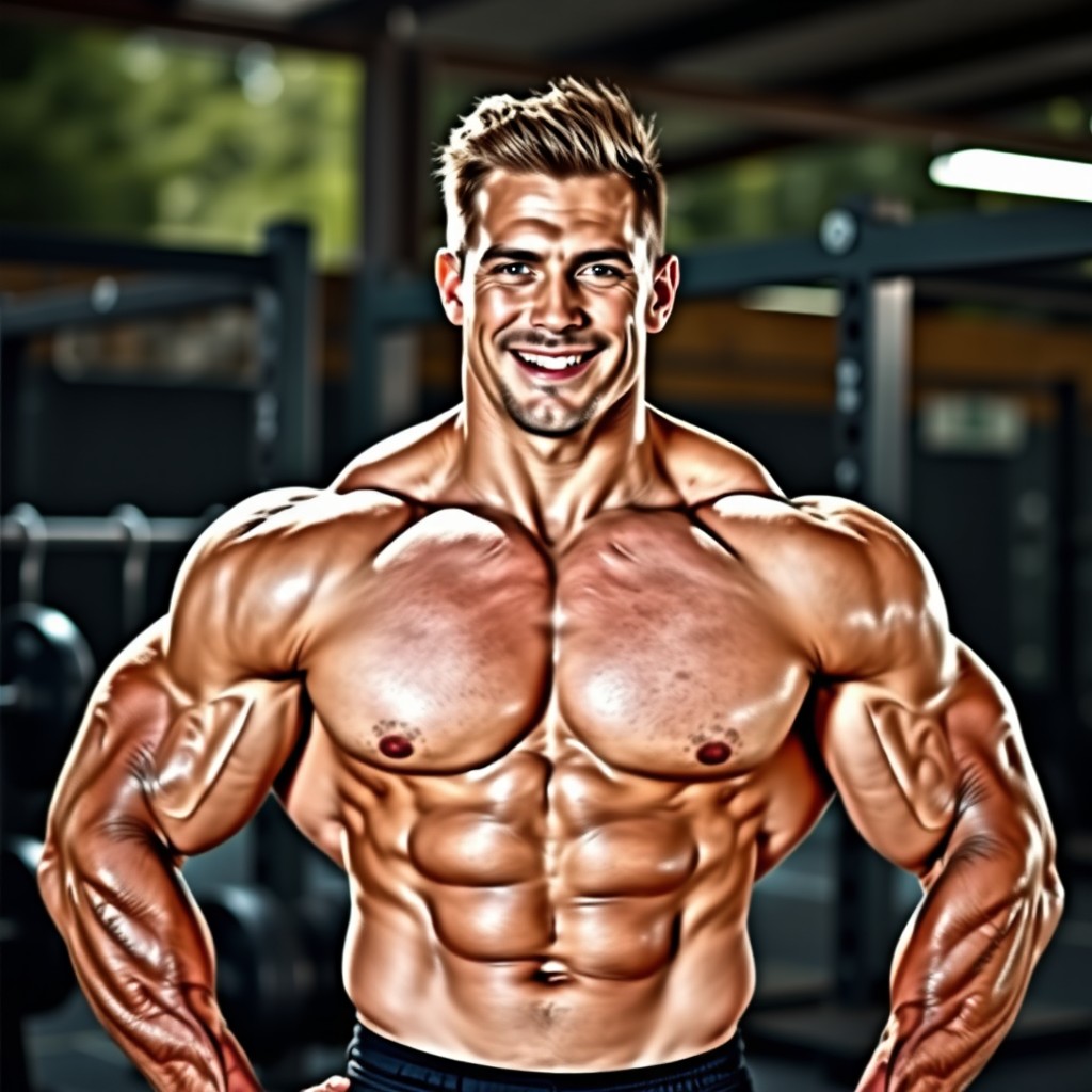 A charismatic and imposing muscle hunk showcasing his well-defined physique, standing confidently