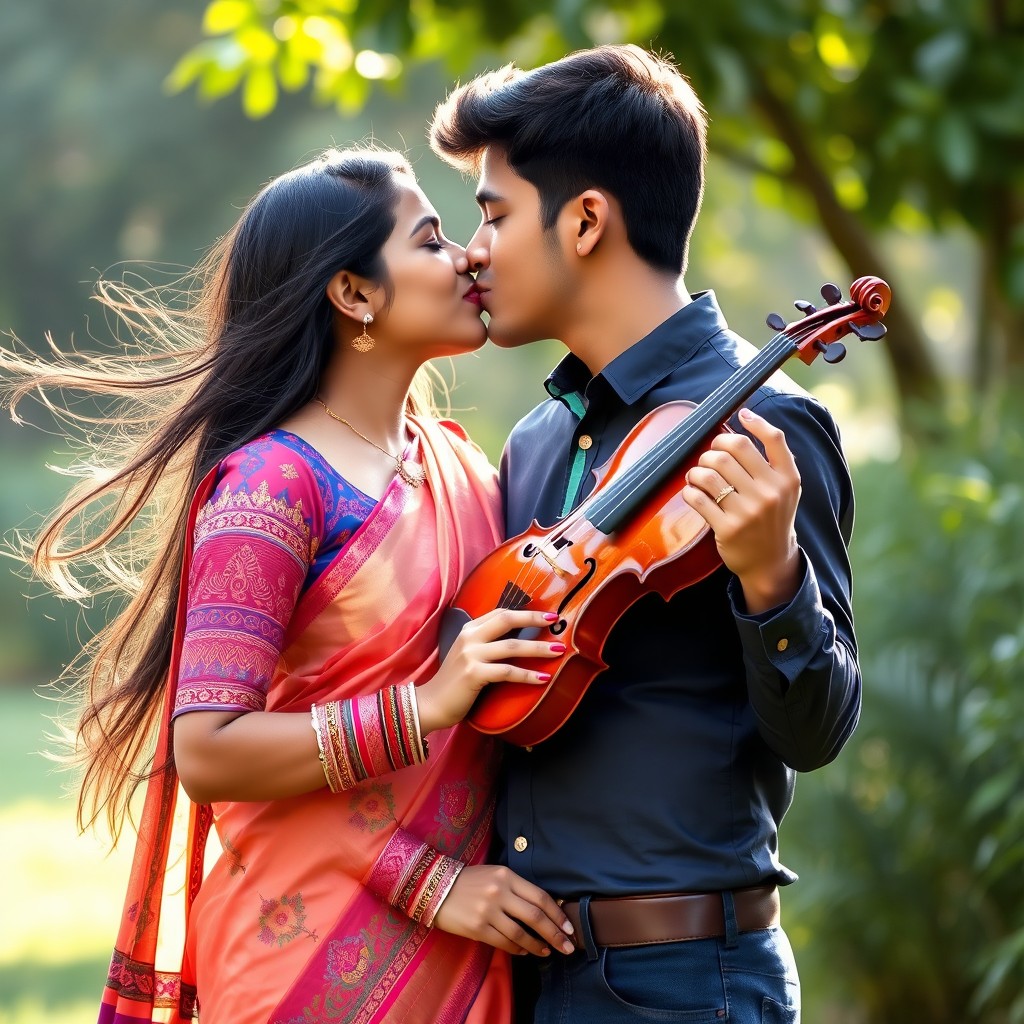 A young Indian woman and a young male violinist sharing a romantic kiss in a serene outdoor setting