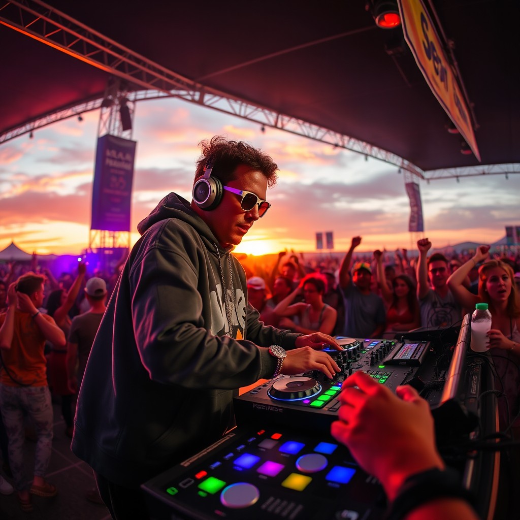 A vibrant DJ scene at an outdoor festival, featuring a DJ in stylish headphones and versatile streetwear, mixing beats on a large DJ setup with colorful lights flashing around