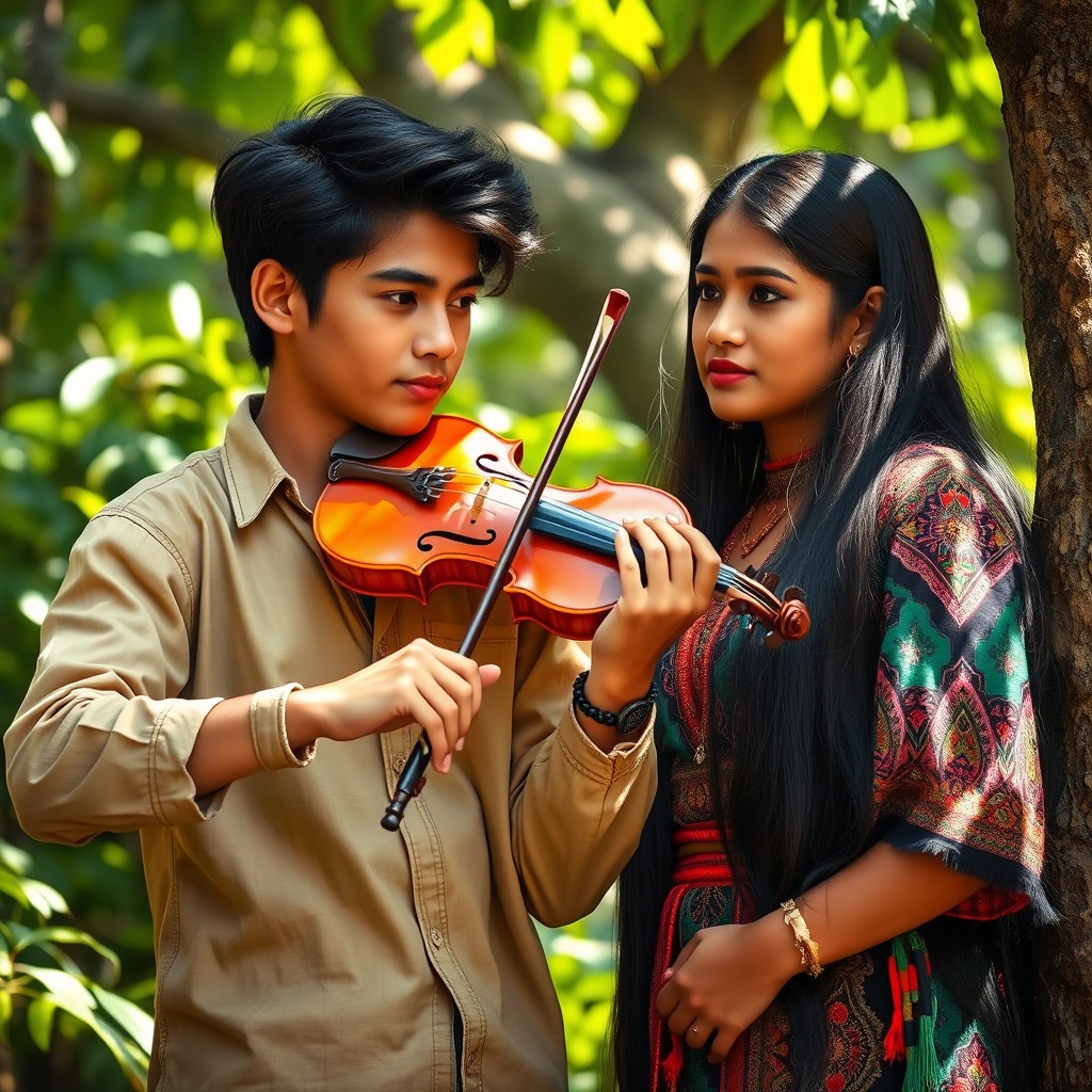 A young male violinist, dressed in a stylish yet casual attire, is playing his violin passionately in a lush green forest