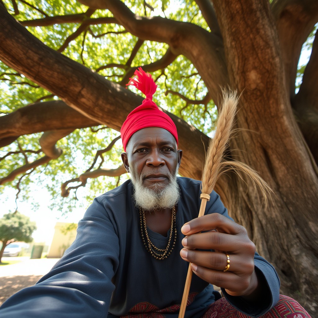 A wise elderly Igbo man sitting under a large, sprawling tree, engaging directly with the camera as if in a selfie