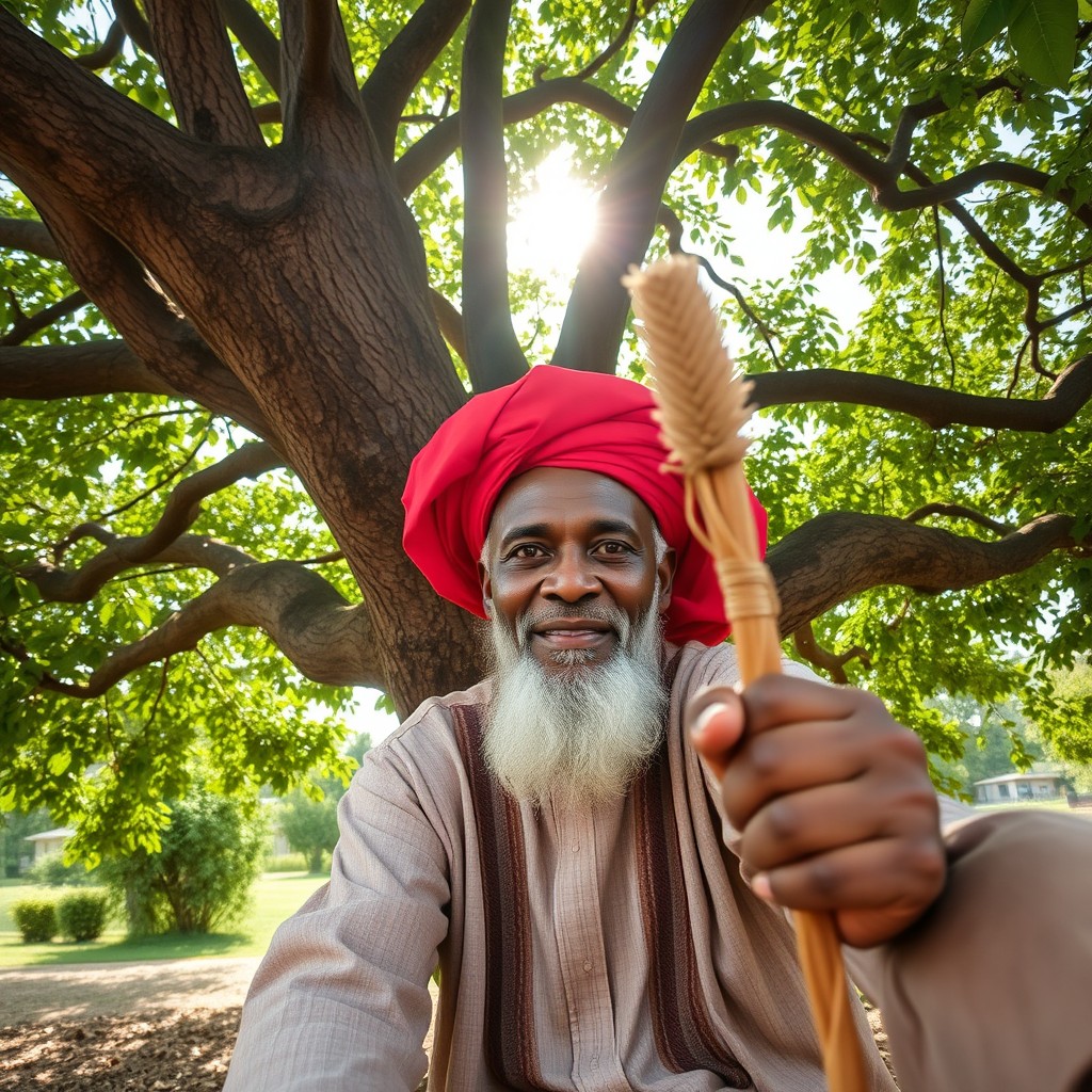 A wise, elderly Igbo man sitting under a large, leafy tree, engaging directly with the camera in a selfie-style pose