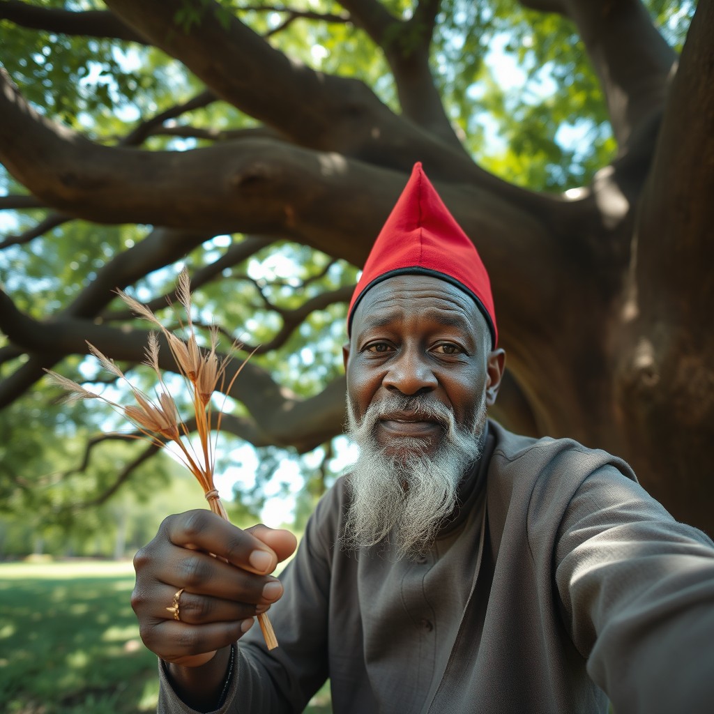 A wise, elderly Igbo man sitting under a large, leafy tree, engaging directly with the camera in a selfie-style pose