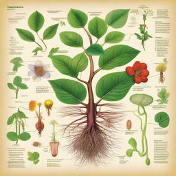 An illustrative diagram showcasing various parts of a plant, including the roots, stem, leaves, flowers, and seeds in a colorful, detailed manner.