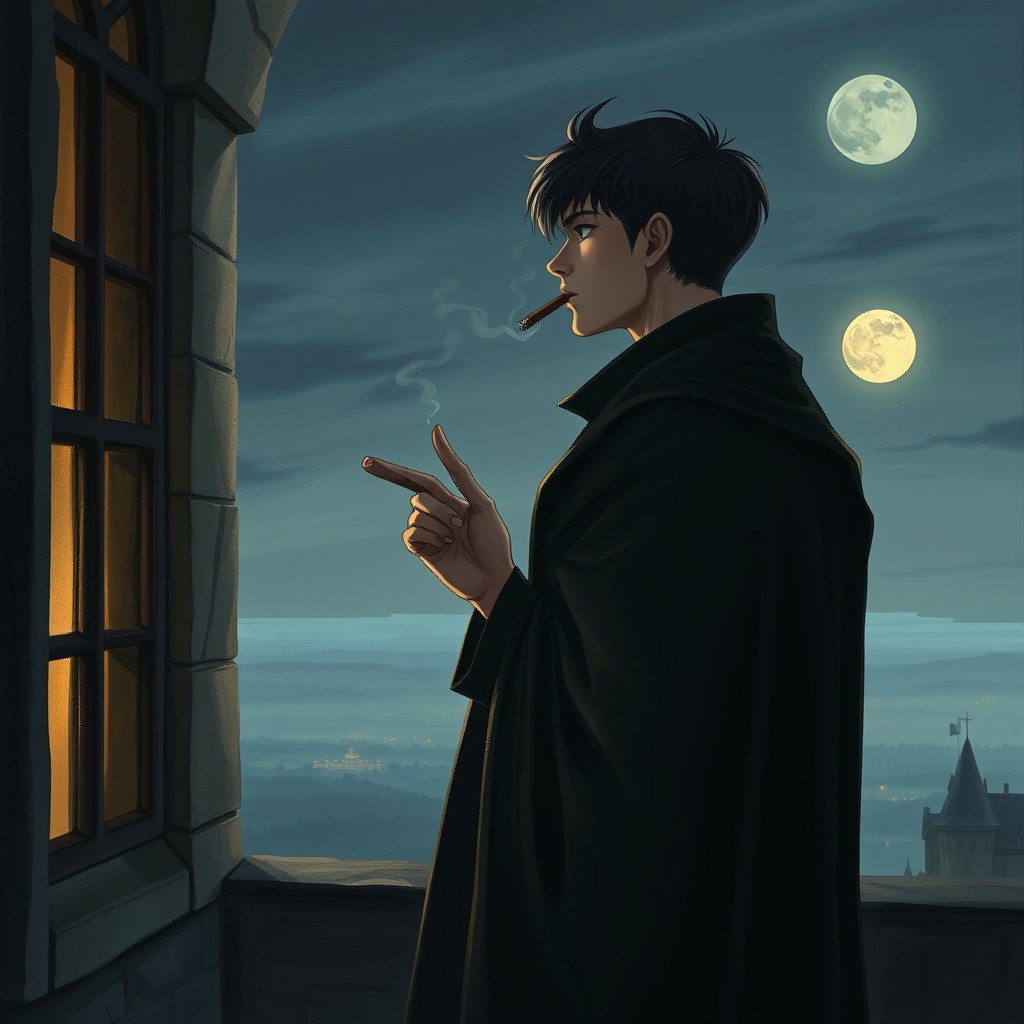 A young, tall, slender man with black hair stands at a castle window, gazing into the night with a pensive expression