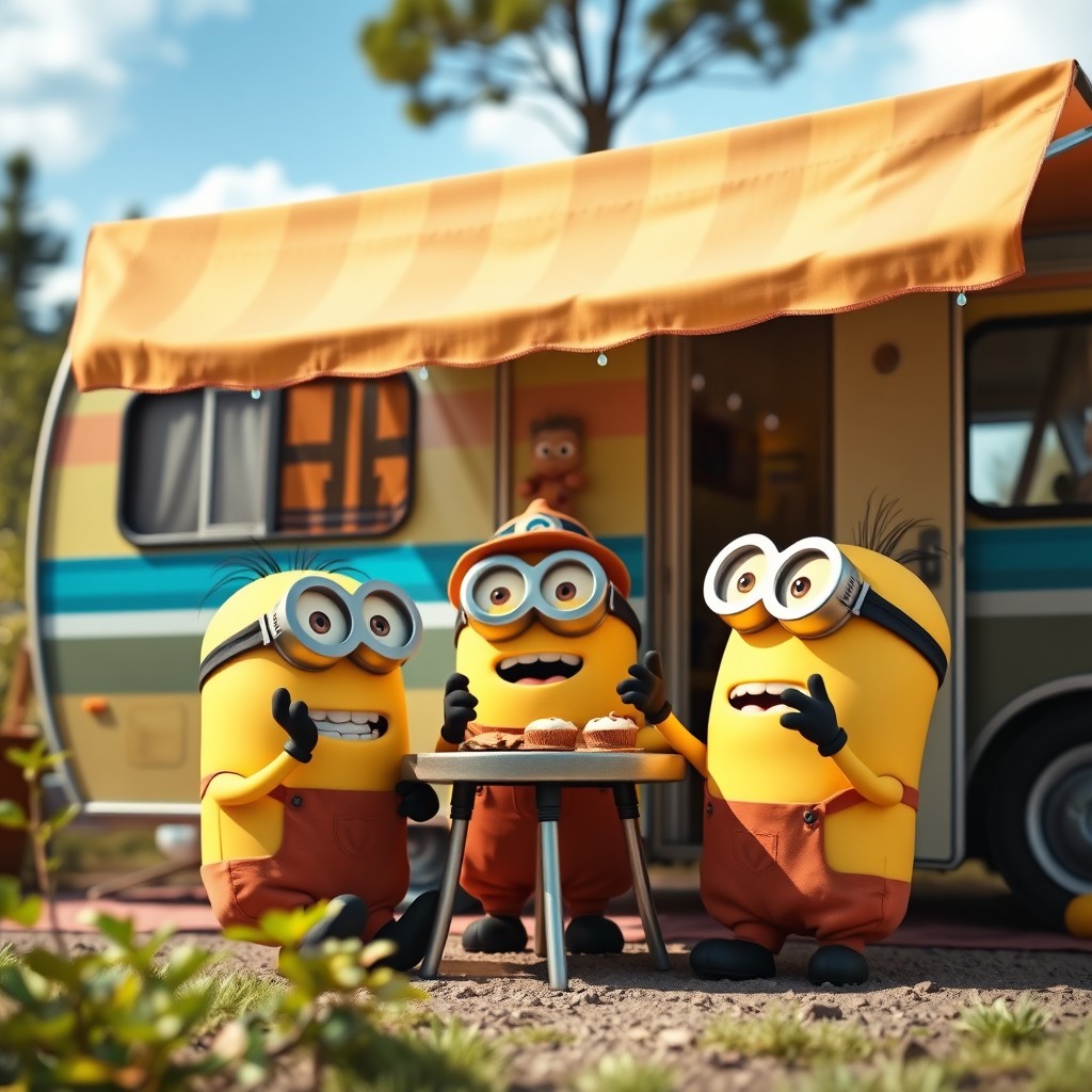 Three cheerful yellow minions sitting around a small table under the awning of a colorful camper van