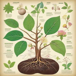 An illustrative diagram showcasing various parts of a plant, including the roots, stem, leaves, flowers, and seeds in a colorful, detailed manner.