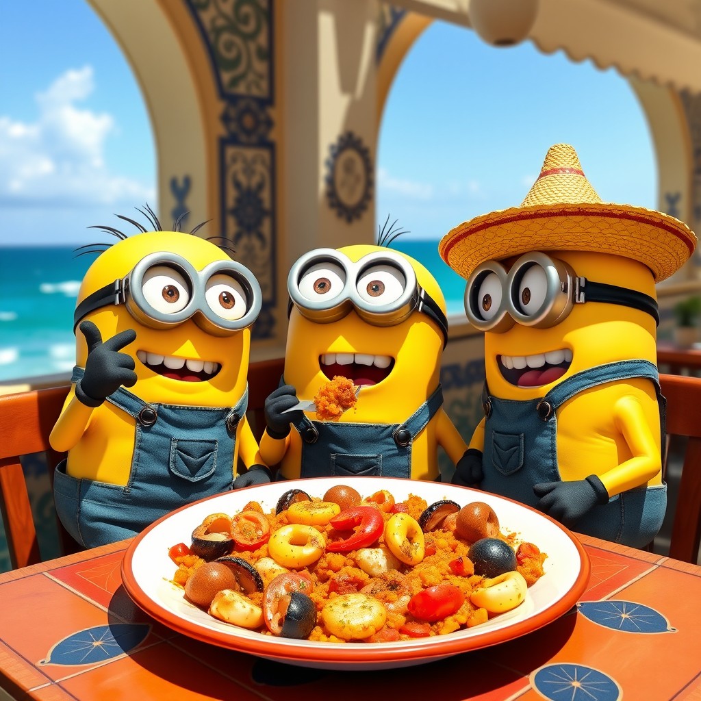 Three cheerful yellow minions sitting at a seaside restaurant in Spain, enjoying a big plate of colorful paella