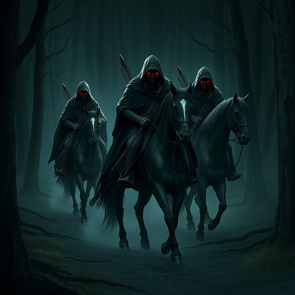 Slender warriors dressed in dark cloaks with hoods and black masks accented with red hues ride stealthily on horseback through a shadowy forest under the cover of night