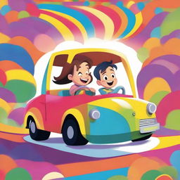 A animated, joyful cartoon of a boy and girl sitting inside a colorful, distinctively designed car, filled with childhood wonder.