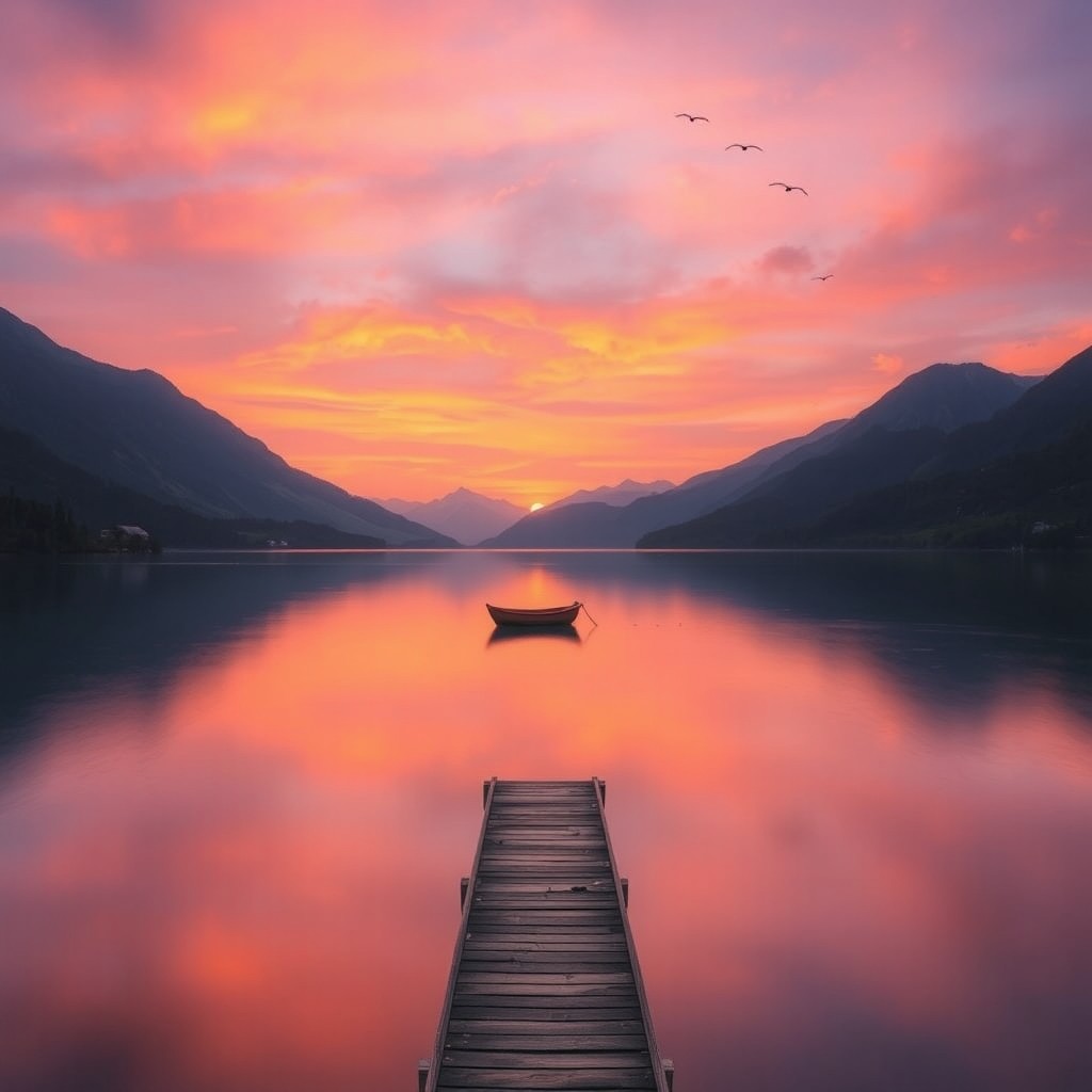 A serene and tranquil landscape featuring a vast, peaceful lake surrounded by majestic mountains and lush greenery