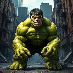 A giant green hulking figure resembling the Hulk, with broad shoulders, massive muscles, and an intense expression
