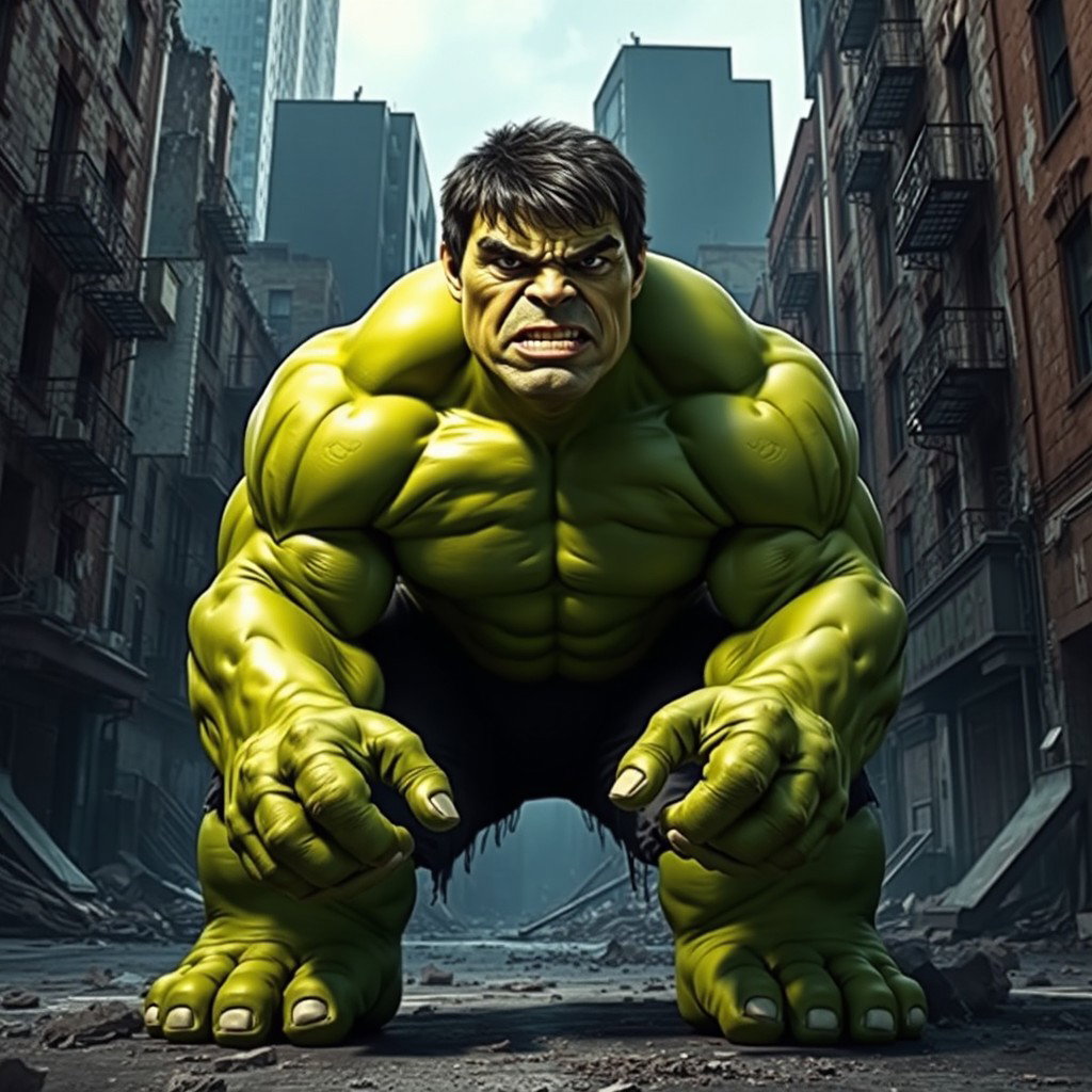 A giant green hulking figure resembling the Hulk, with broad shoulders, massive muscles, and an intense expression