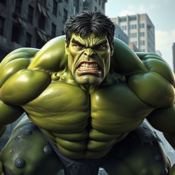 A giant green hulking figure resembling the Hulk, with broad shoulders, massive muscles, and an intense expression