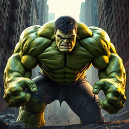 A giant green hulking figure resembling the Hulk, with broad shoulders, massive muscles, and an intense expression