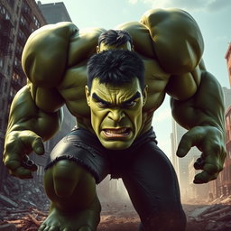 A giant green hulking figure resembling the Hulk, with broad shoulders, massive muscles, and an intense expression