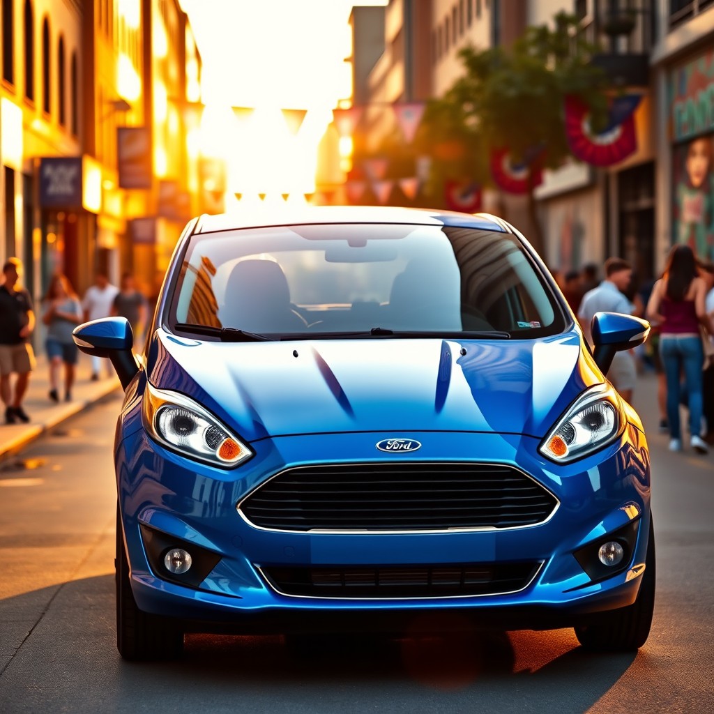 A stunning Ford Fiesta parked in a picturesque urban setting, showcasing its sleek design and modern features