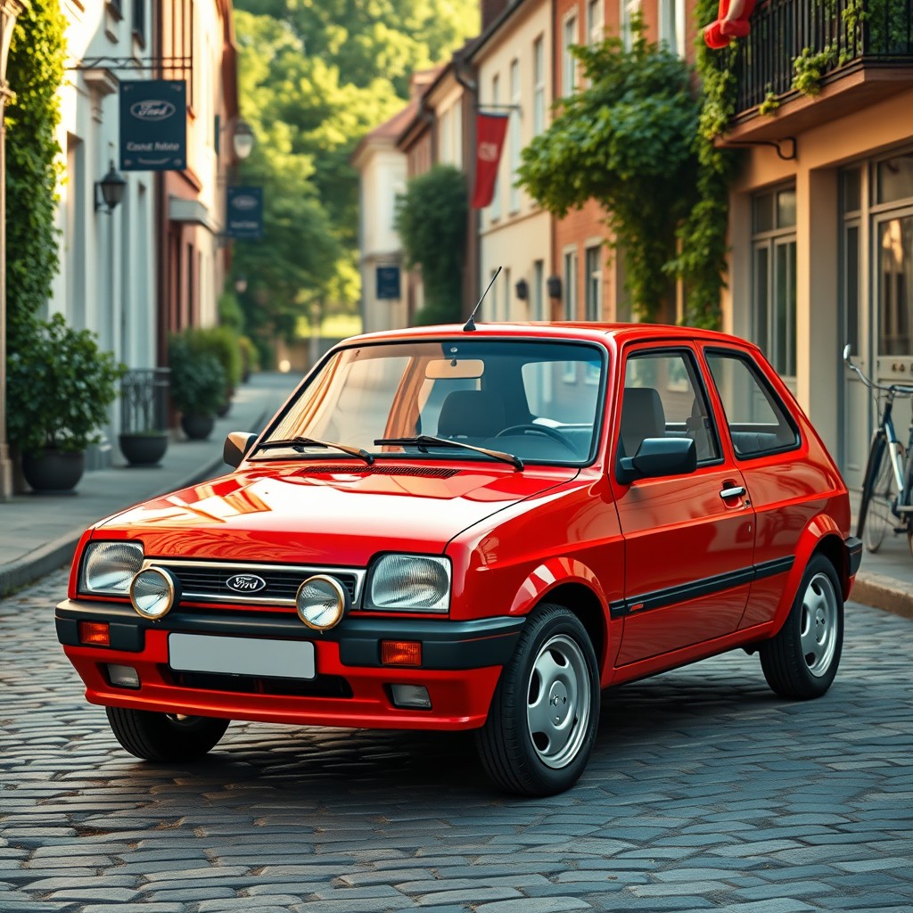 A detailed and nostalgic depiction of a Ford Fiesta MK4, highlighting its distinctive classic design and unique features from the late 1990s