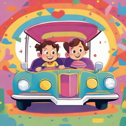 A animated, joyful cartoon of a boy and girl sitting inside a colorful, distinctively designed car, filled with childhood wonder.