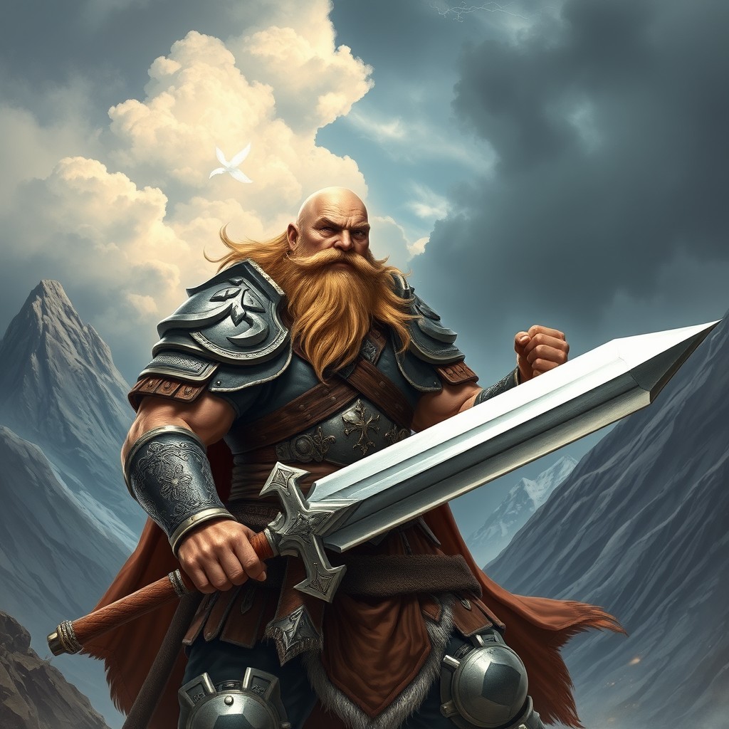 A bald bearded warrior in full battle armor, holding a massive sword and standing in a heroic pose