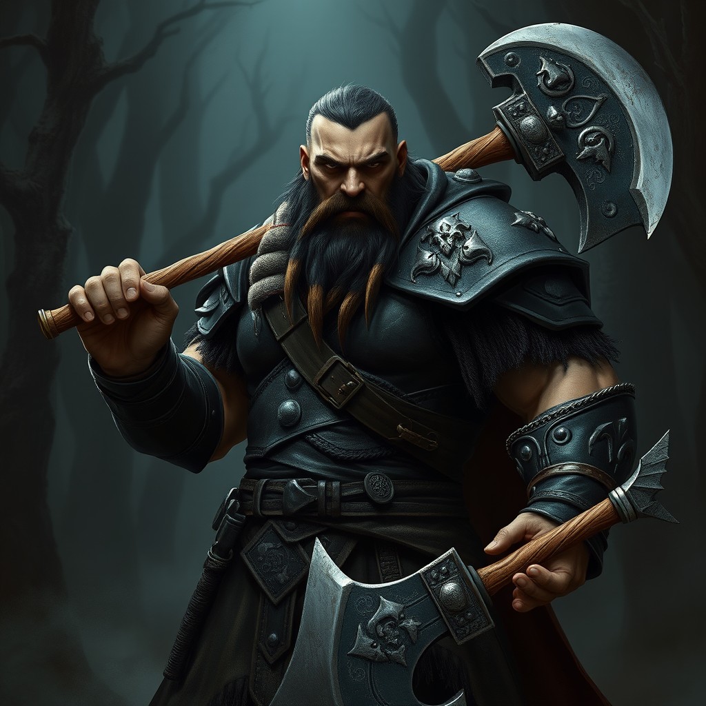 A fierce human warrior of Bhaal, wielding a large axe, standing confidently in a dark, mystical forest