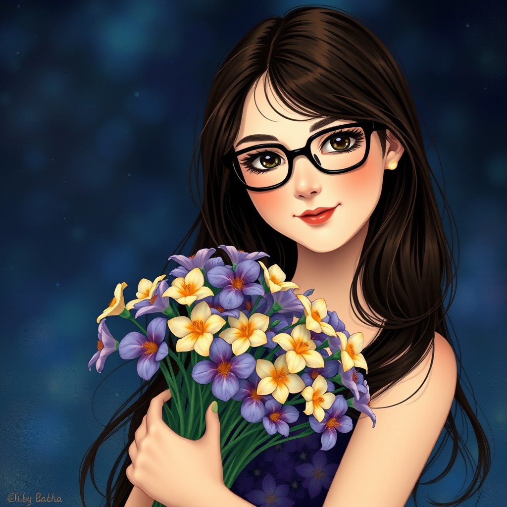 A girl in the style of Alfons Mucha, displaying a light smile, wearing stylish black glasses