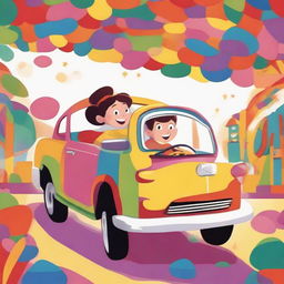 A animated, joyful cartoon of a boy and girl sitting inside a colorful, distinctively designed car, filled with childhood wonder.