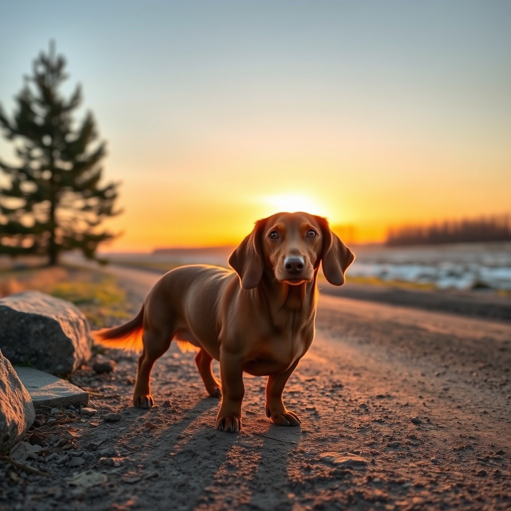 An elderly, plump female dachshund with a reddish coat standing on a dirt road next to a stone and a tall poplar tree, set against the backdrop of a rising sun in the early morning during the early winter season
