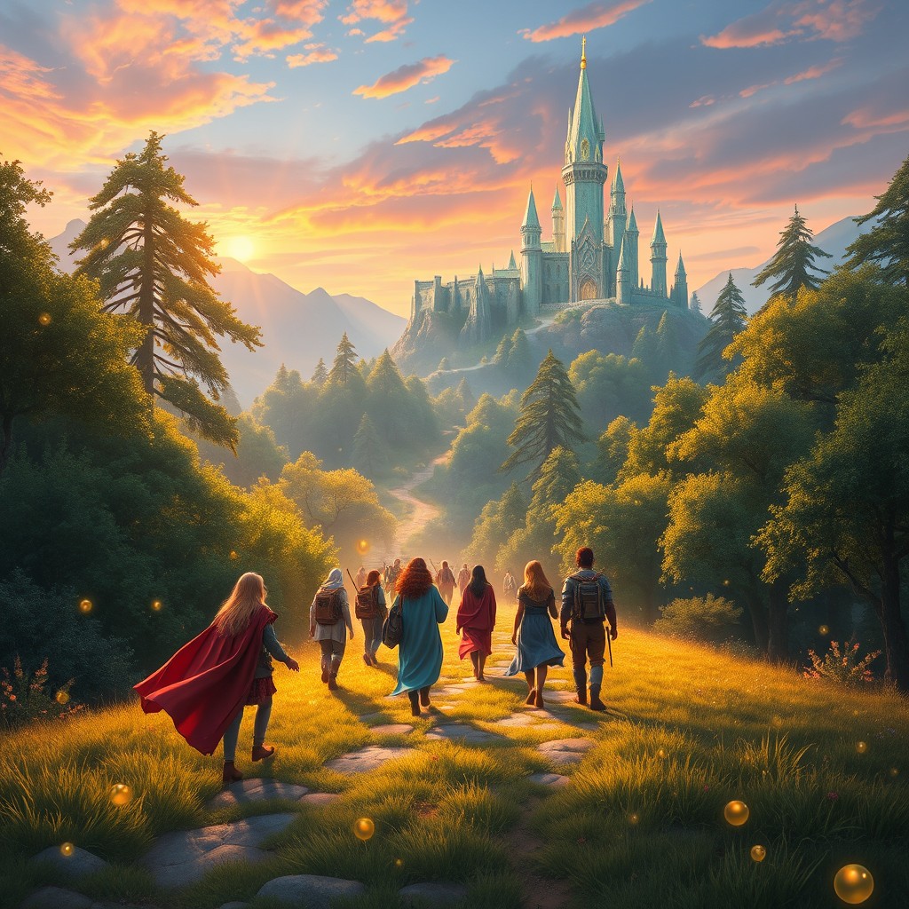 An enchanting fantasy scene depicting a diverse group of adventurers on a mystical journey toward a shimmering, majestic kingdom nestled within a lush, enchanted forest