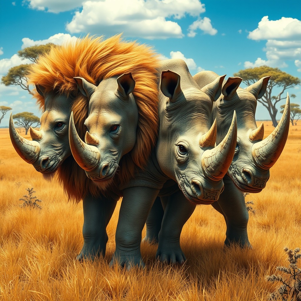 A surreal and imaginative creature featuring a lion and a rhino combined into a single four-headed being