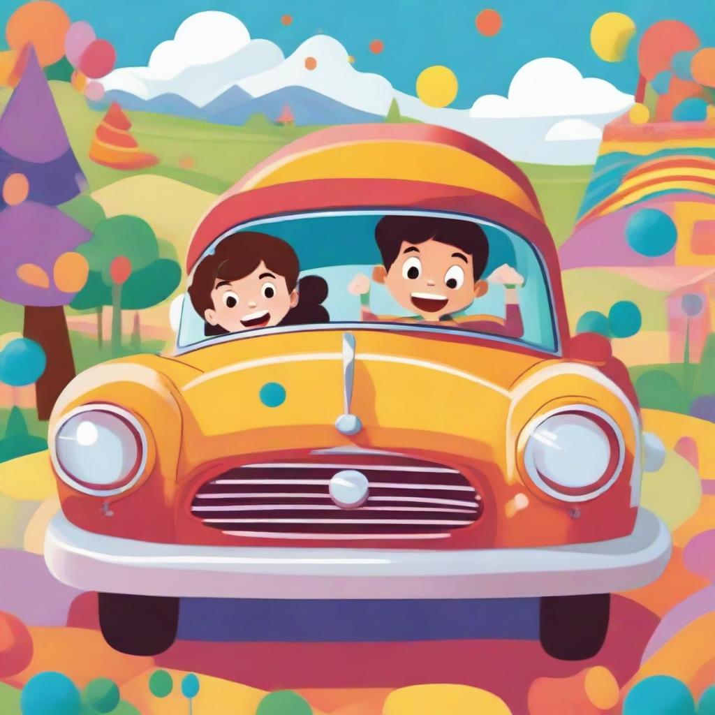 A animated, joyful cartoon of a boy and girl sitting inside a colorful, distinctively designed car, filled with childhood wonder.