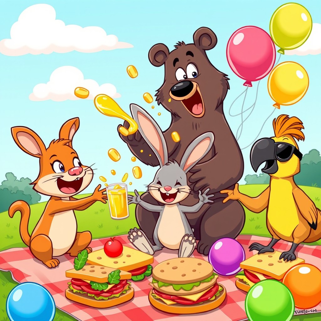 A vibrant and colorful cartoon scene featuring a group of goofy animals having a fun time at a picnic