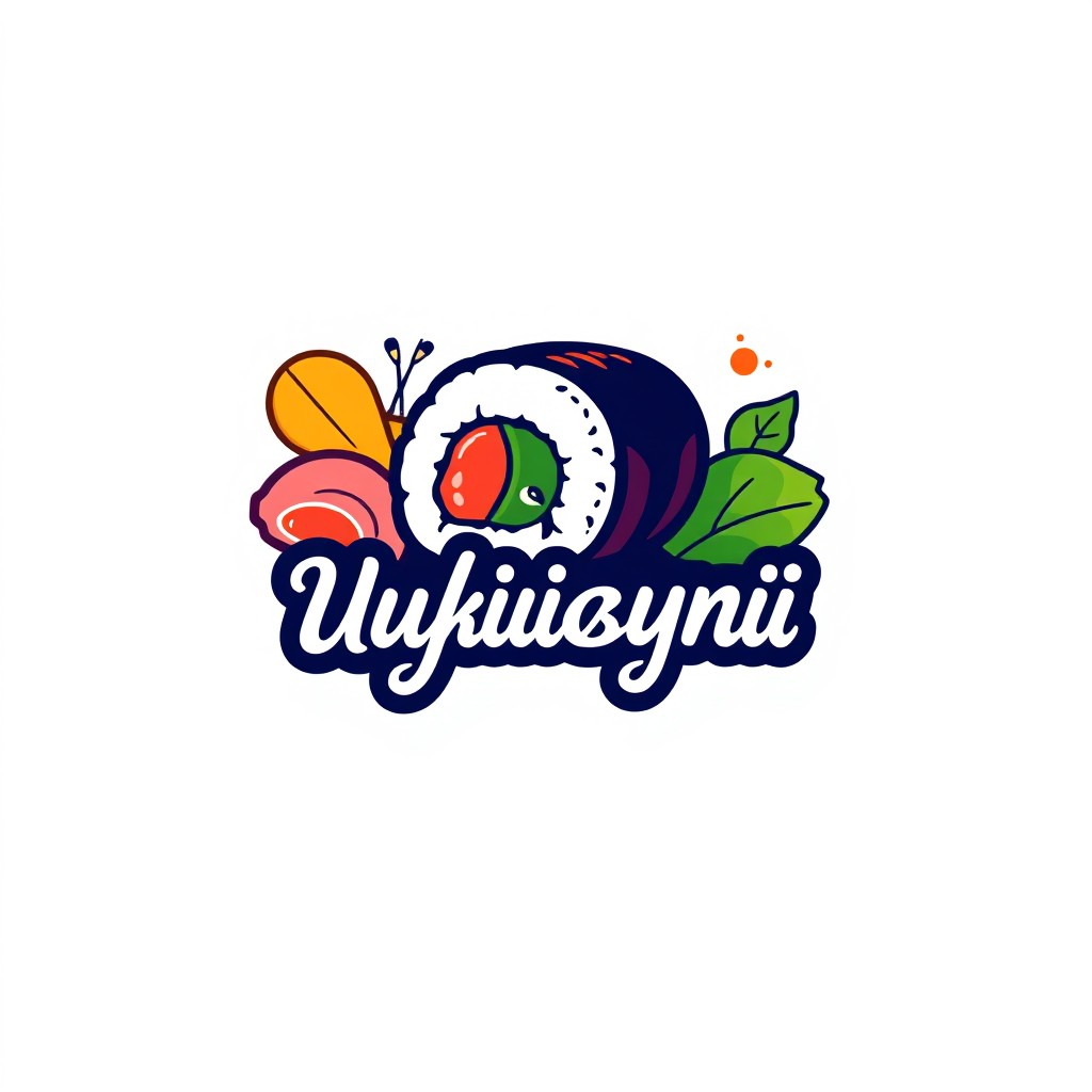 A colorful and modern sushi restaurant logo featuring a stylized sushi roll accompanied by vibrant illustrations of sushi ingredients like fish, rice, and vegetables