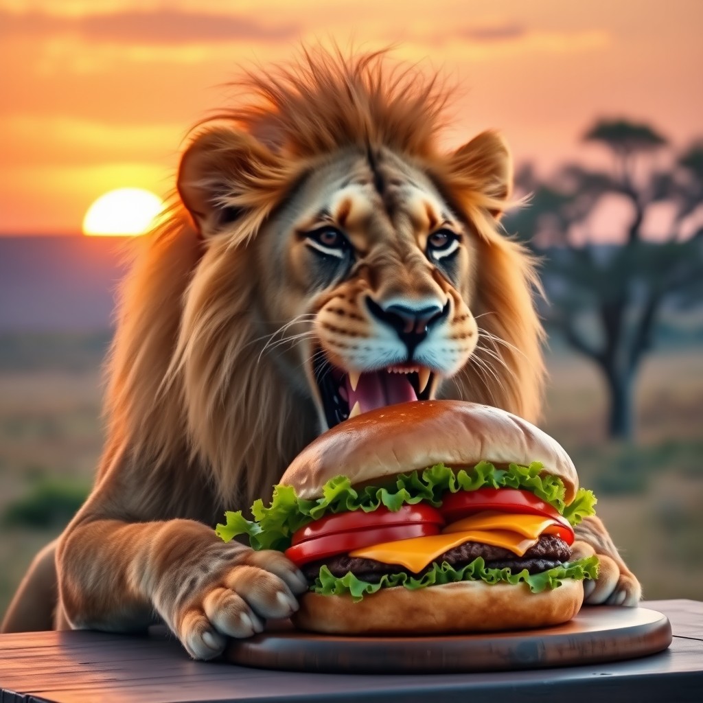 A majestic lion sitting comfortably at a table, joyfully munching on a large, juicy hamburger
