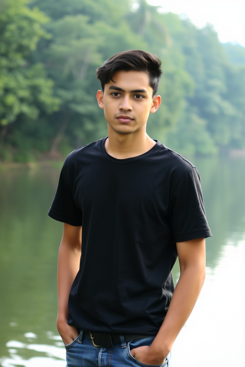 A handsome 25-year-old Indonesian man with tan skin, wearing a black t-shirt and jeans, standing by a serene lake in the morning