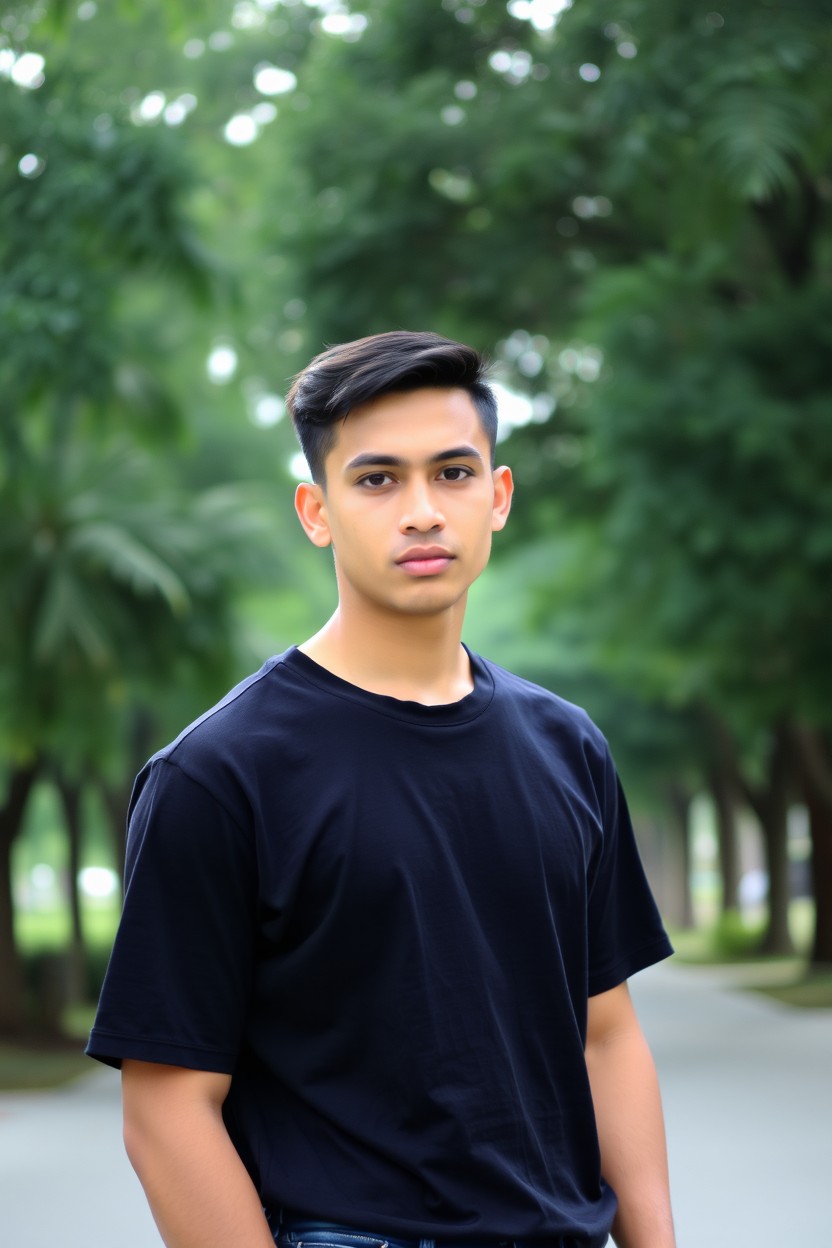 A handsome 25-year-old Indonesian man with tan skin, wearing a black t-shirt and jeans, standing in a city park surrounded by green trees