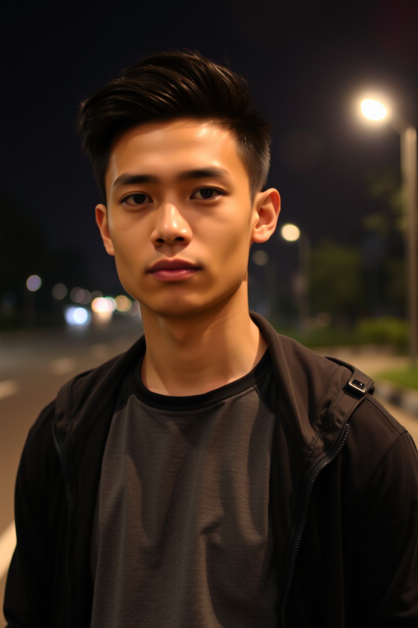 A handsome 25-year-old Indonesian man with tan skin, wearing a t-shirt, a black jacket, and jeans, standing by the roadside on a quiet and peaceful night