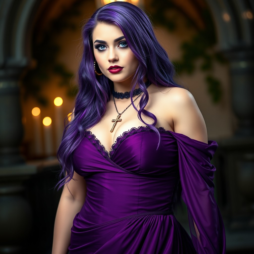 A young adult woman with striking long purple hair cascading down her shoulders, vibrant blue eyes that stand out beautifully, and dramatic dark lipstick paired with dark eyeshadow that enhances her features