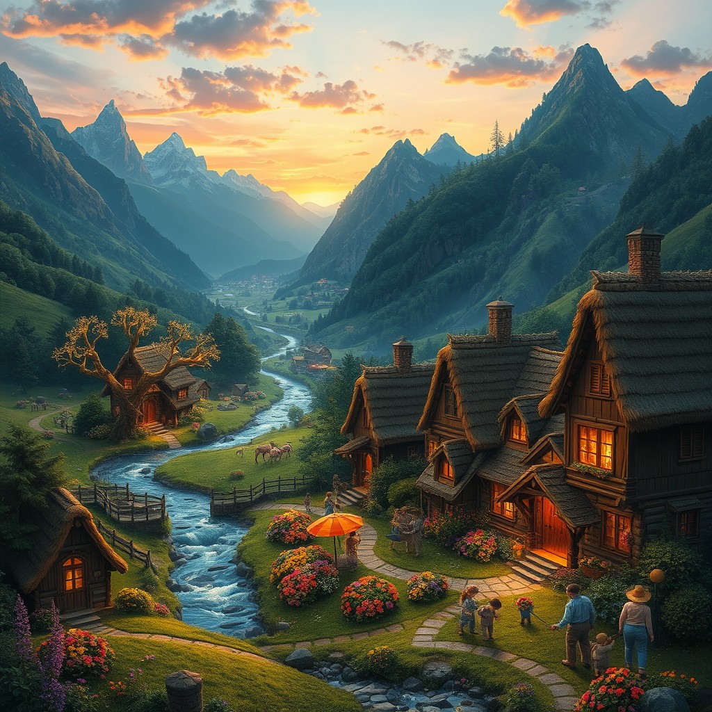 A picturesque fantasy village nestled in a lush green valley, featuring charming cottages with thatched roofs and colorful flower gardens