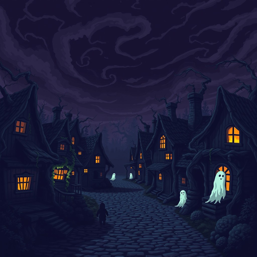 A pixel art background of a dark fantasy village, featuring eerie cottages made of twisted wood with flickering lanterns and overgrown vines