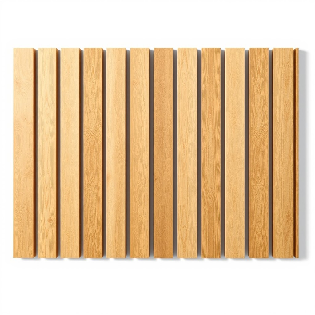 A design of a wooden wall featuring 5cm wide slats with 1cm spacing between each slat, set against a stark white background