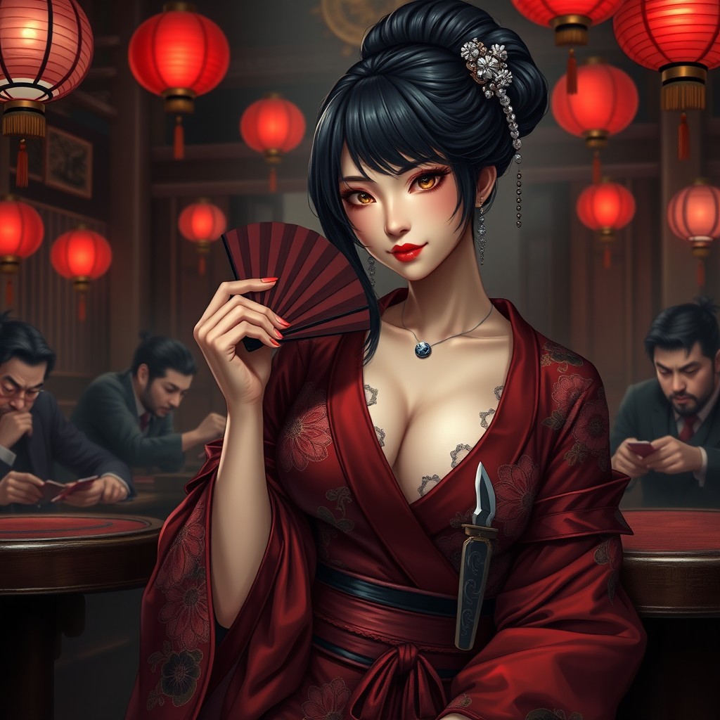 A beautiful and cunning Japanese noblewoman from a fantastical feudal setting, seated in a shadowy gambling house lit by red lanterns
