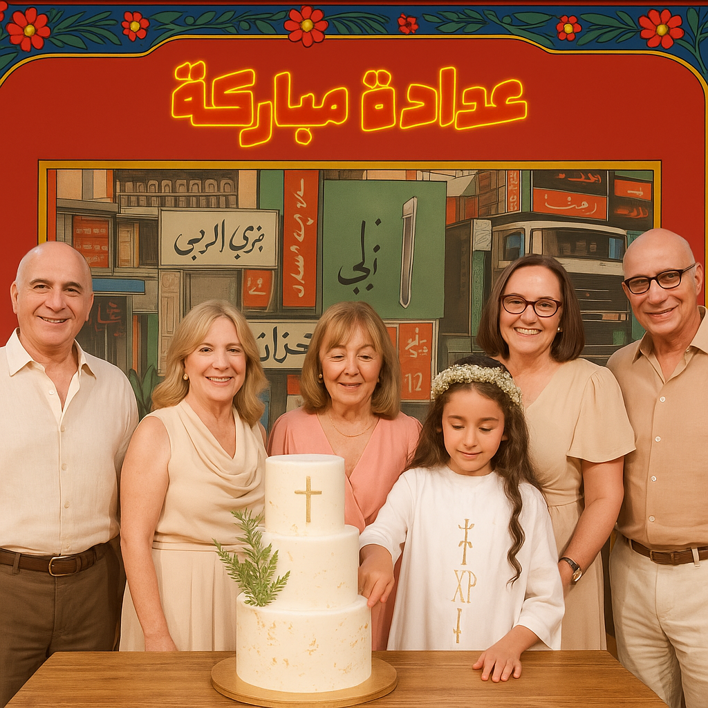 Change peoples outfits into  summer elegant colors dresses cutting a fun baptism 3 levels cake elegant and fancy mexican and lebanese vibe on wooden table