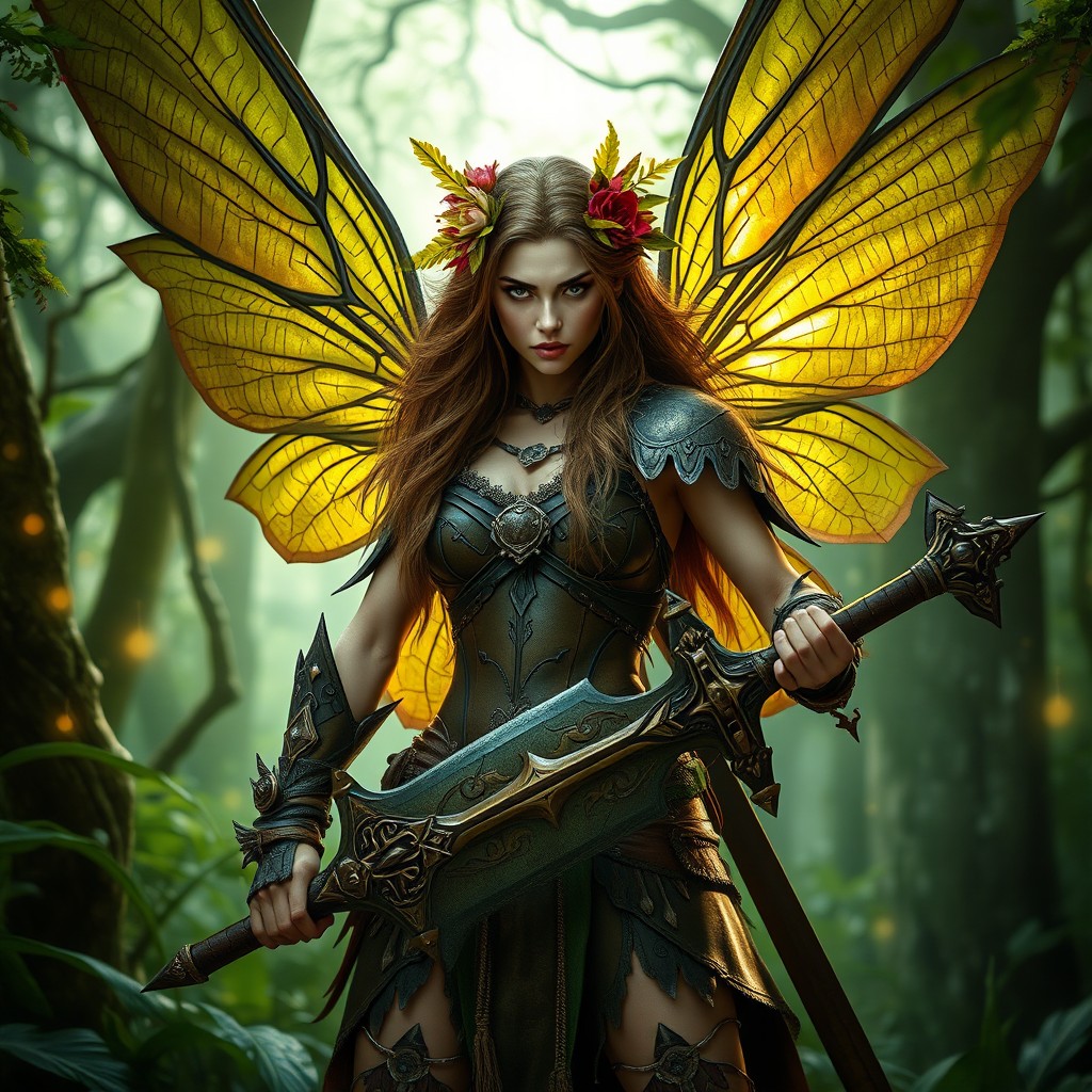 A fierce female barbarian fairy, standing in a lush green forest