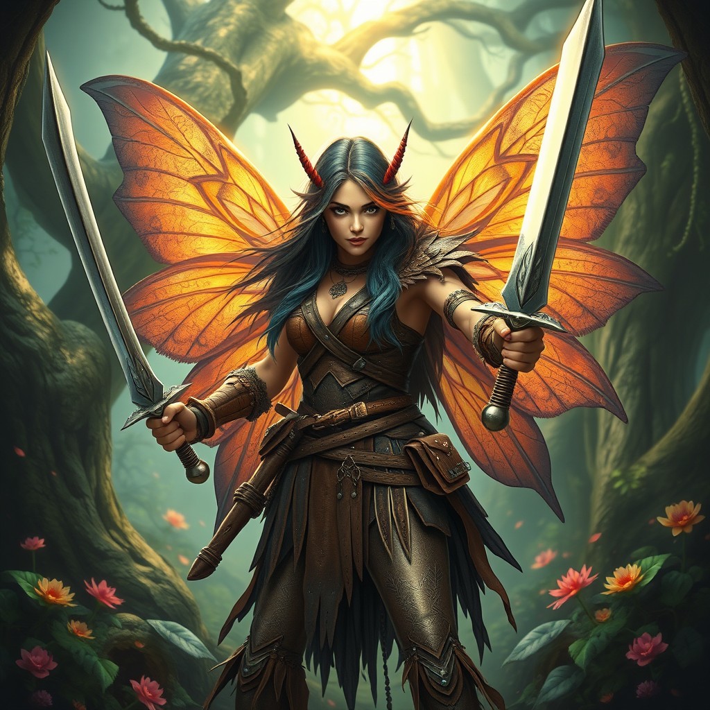 A female fairy barbarian wielding two swords, fiercely standing in a vibrant enchanted forest
